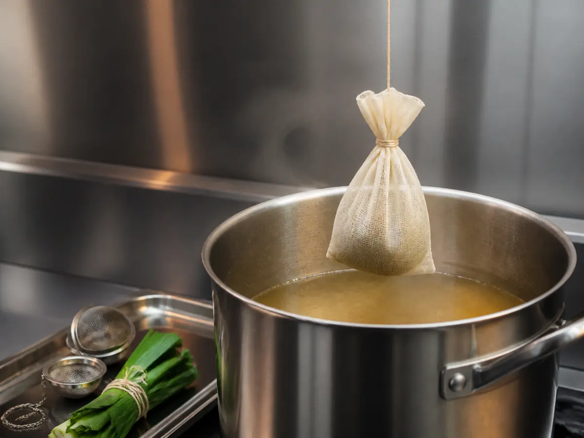 Cheesecloth herb sachet being lowered into clear stock beside a tea ball and tied bundle - removable bay leaf substitute | KnowTheSpices