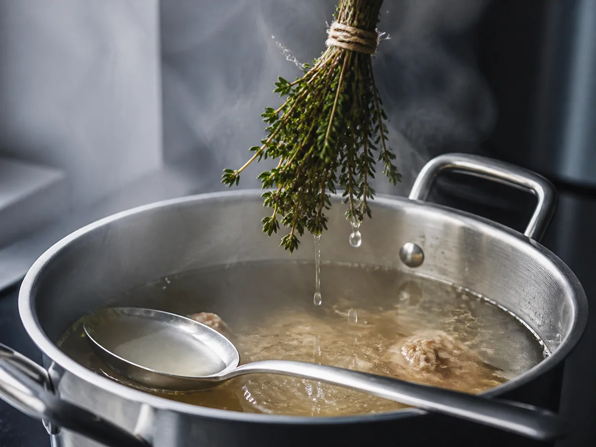 A tied thyme sprig dripping above clear chicken stock - bay leaf substitutes | KnowTheSpices