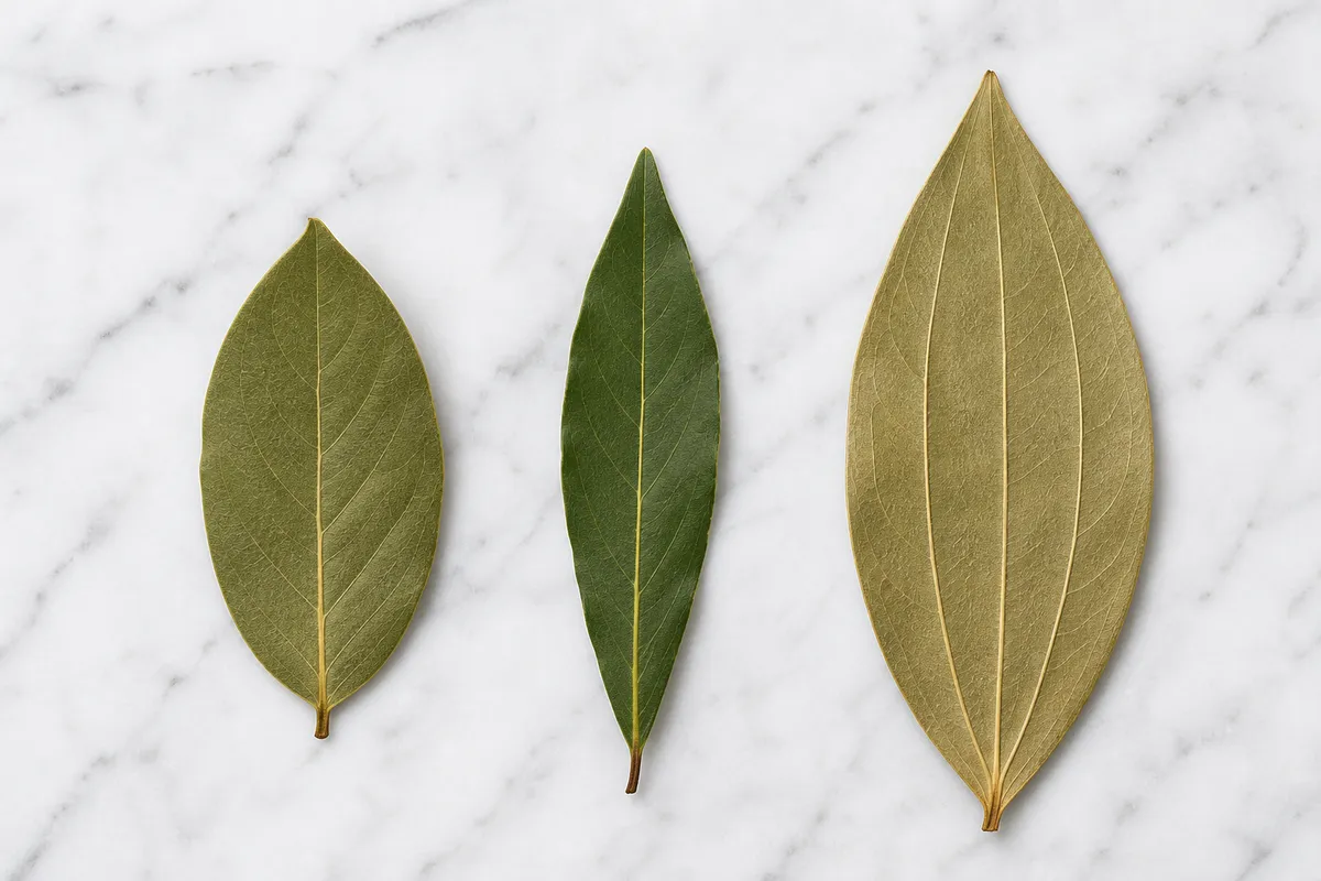 Mediterranean, California, and Indian bay leaves arranged side by side with distinct shapes and vein patterns - bay leaf types | KnowTheSpices