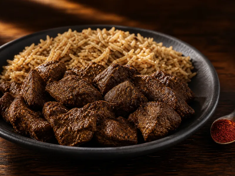 Baharat-coated browned meat and spiced rice with red chile held aside - baharat as a berbere substitute | KnowTheSpices