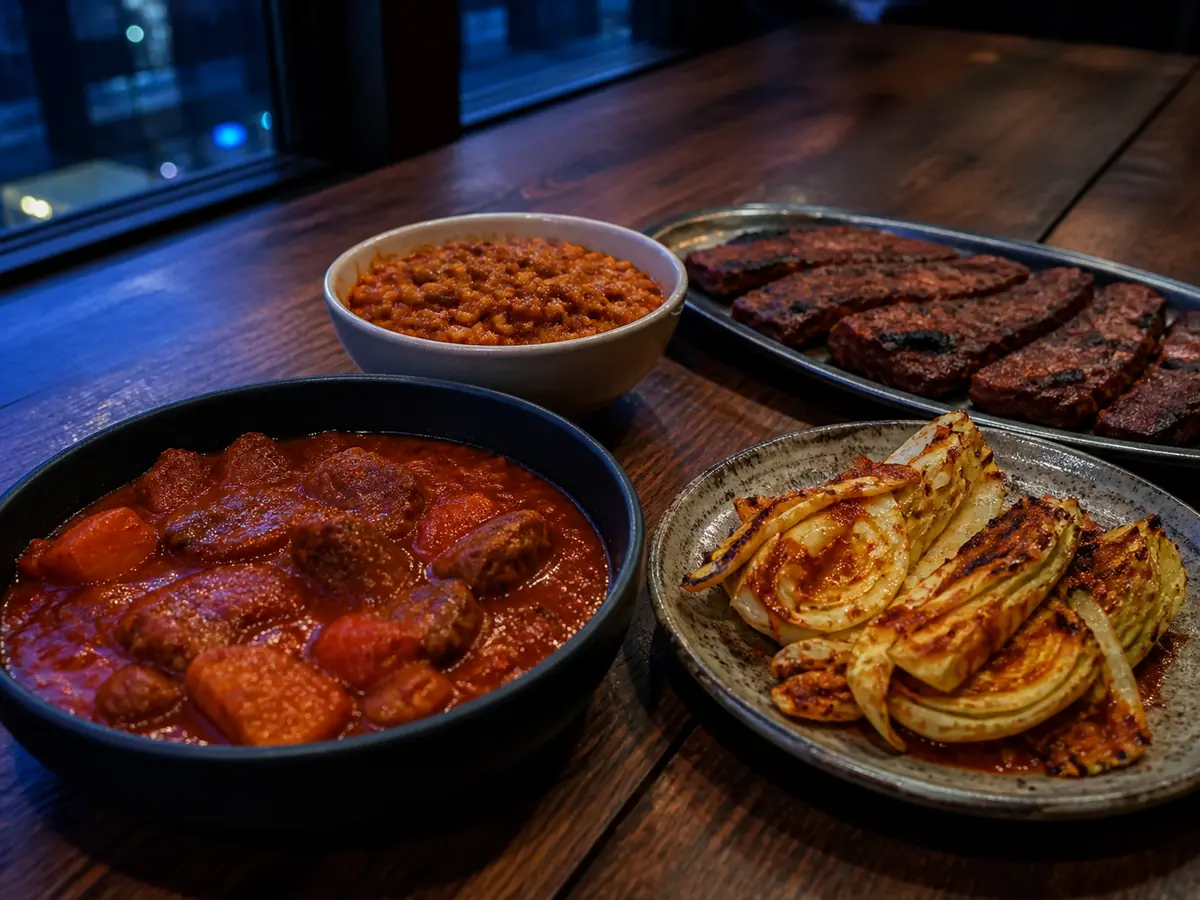 Red stew, lentils, grilled meat, and roasted cabbage showing berbere substitute heat levels - berbere substitutes by dish | KnowTheSpices