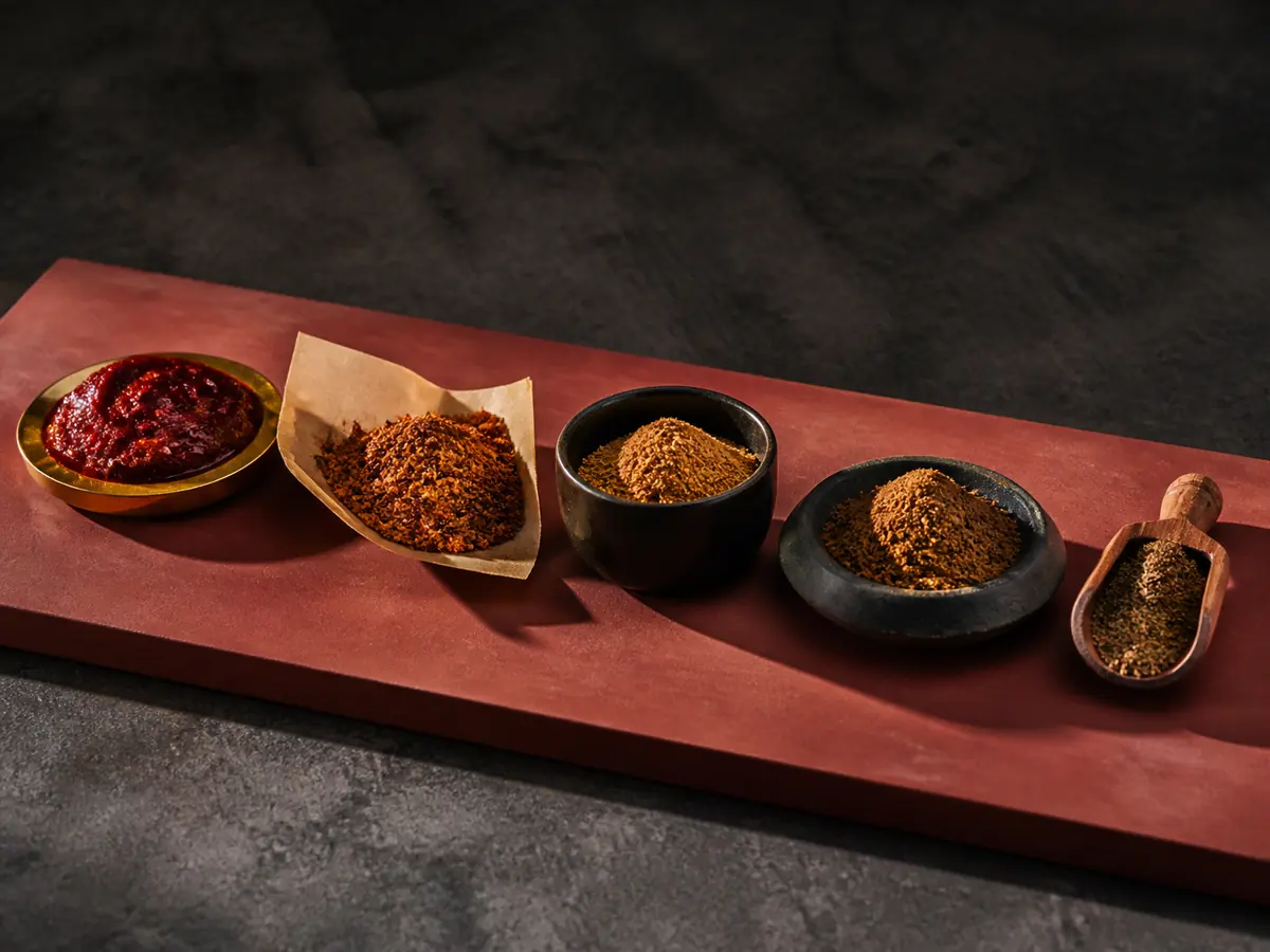 Harissa, Cajun seasoning, ras el hanout, garam masala, and baharat on red clay - berbere substitutes | KnowTheSpices