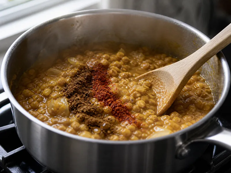Brown garam masala and red chile folded separately into golden lentils - garam masala as a berbere substitute | KnowTheSpices