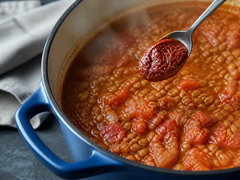Glossy harissa paste entering a tomato and lentil stew - harissa as a berbere substitute | KnowTheSpices