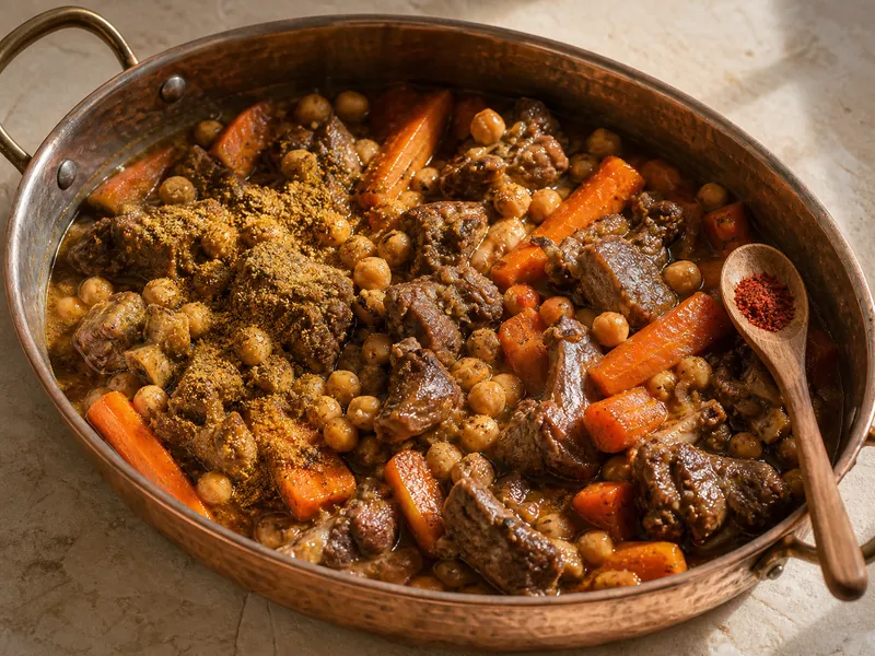 Ras el hanout over lamb, chickpeas, and carrots with red chile held separately - ras el hanout as a berbere substitute | KnowTheSpices