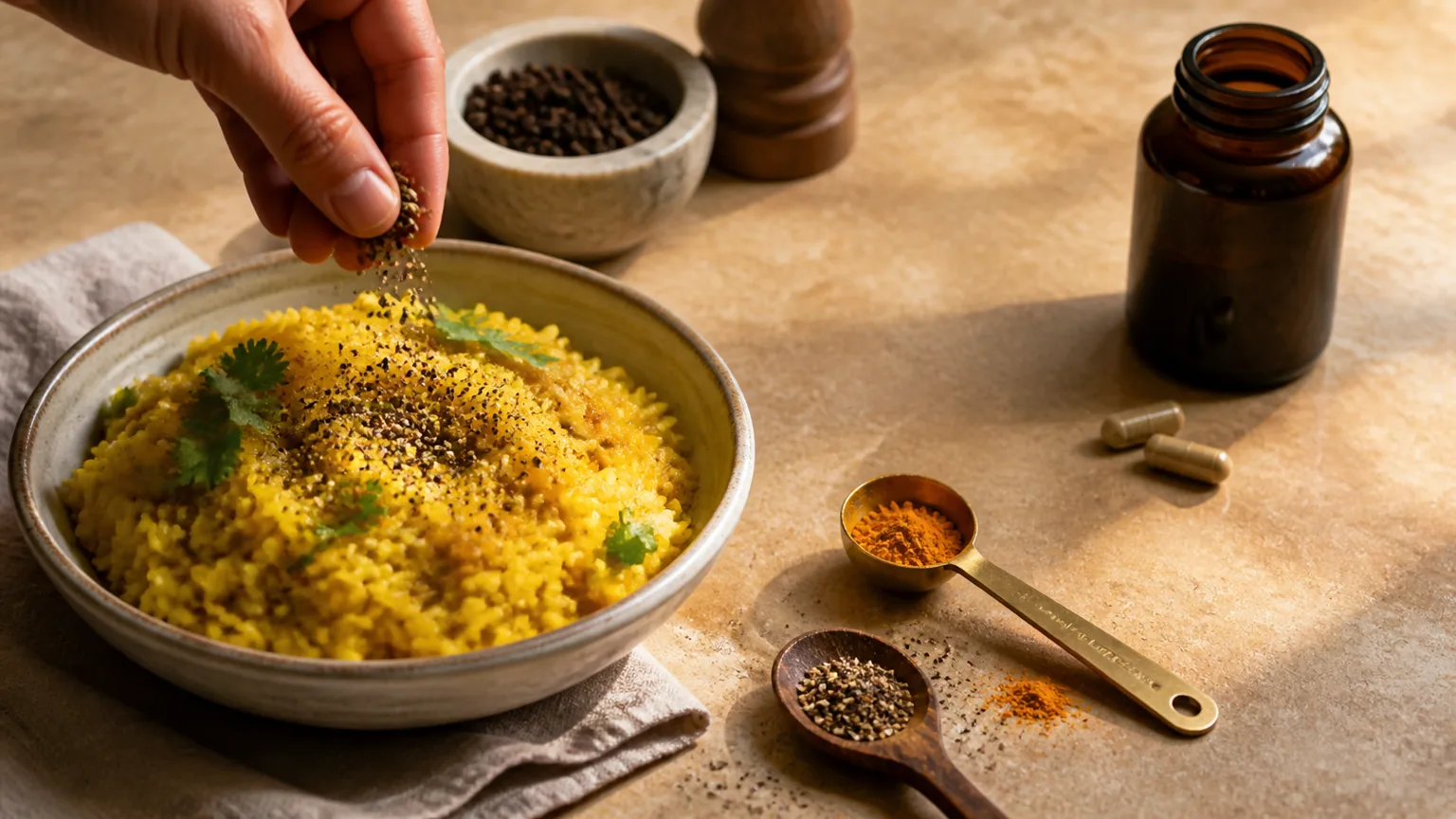 A measured spoon of curcumin and piperine beside a pepper grinder over a bowl, showing the dose gap