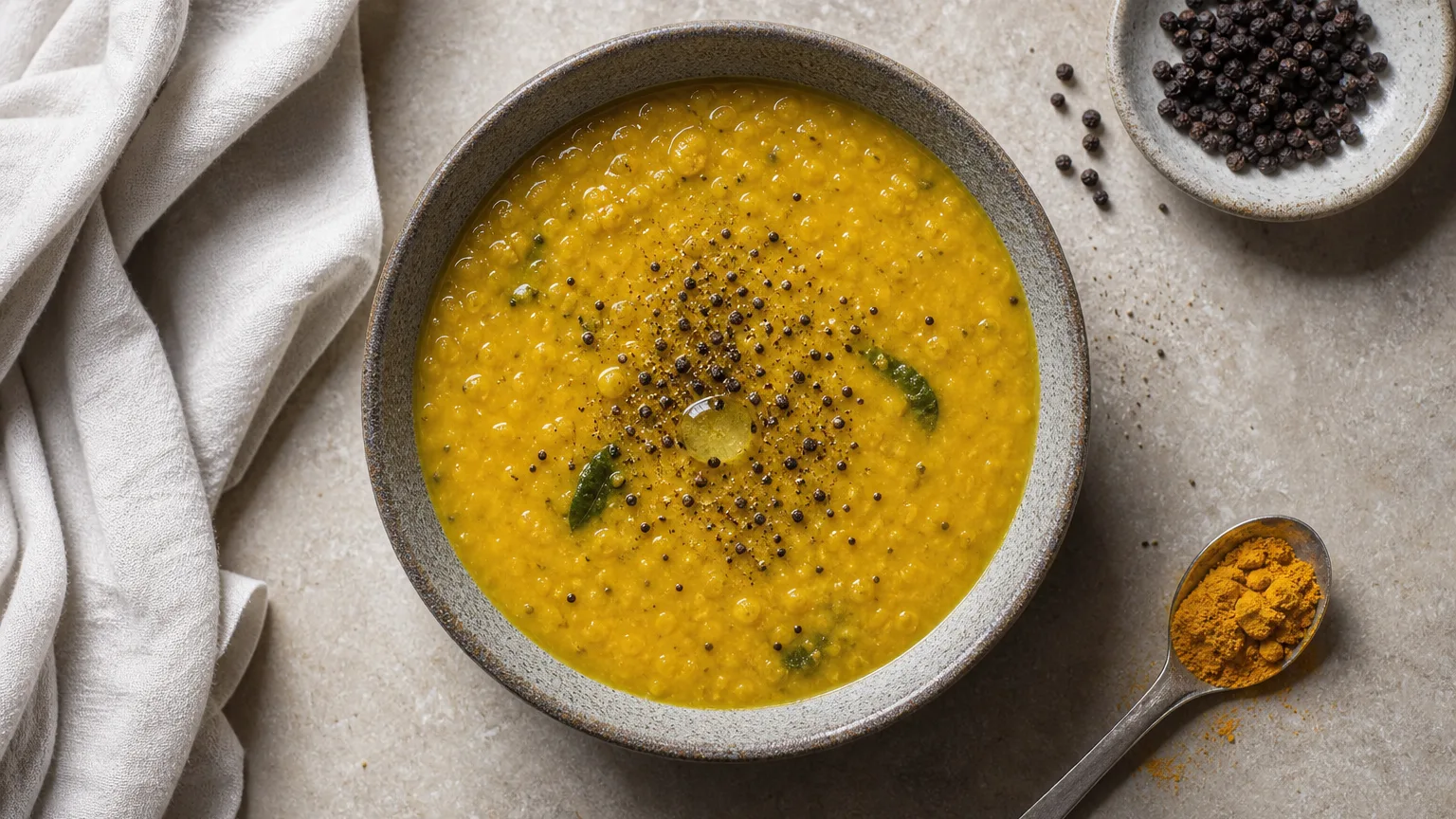 A finished lentil dish with turmeric being finished with a grind of fresh black pepper