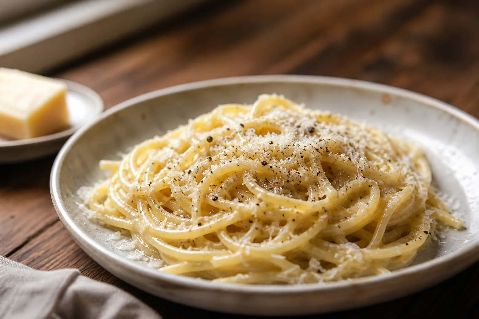 A plate of cacio e pepe pasta finished with coarse cracked black pepper and grated cheese