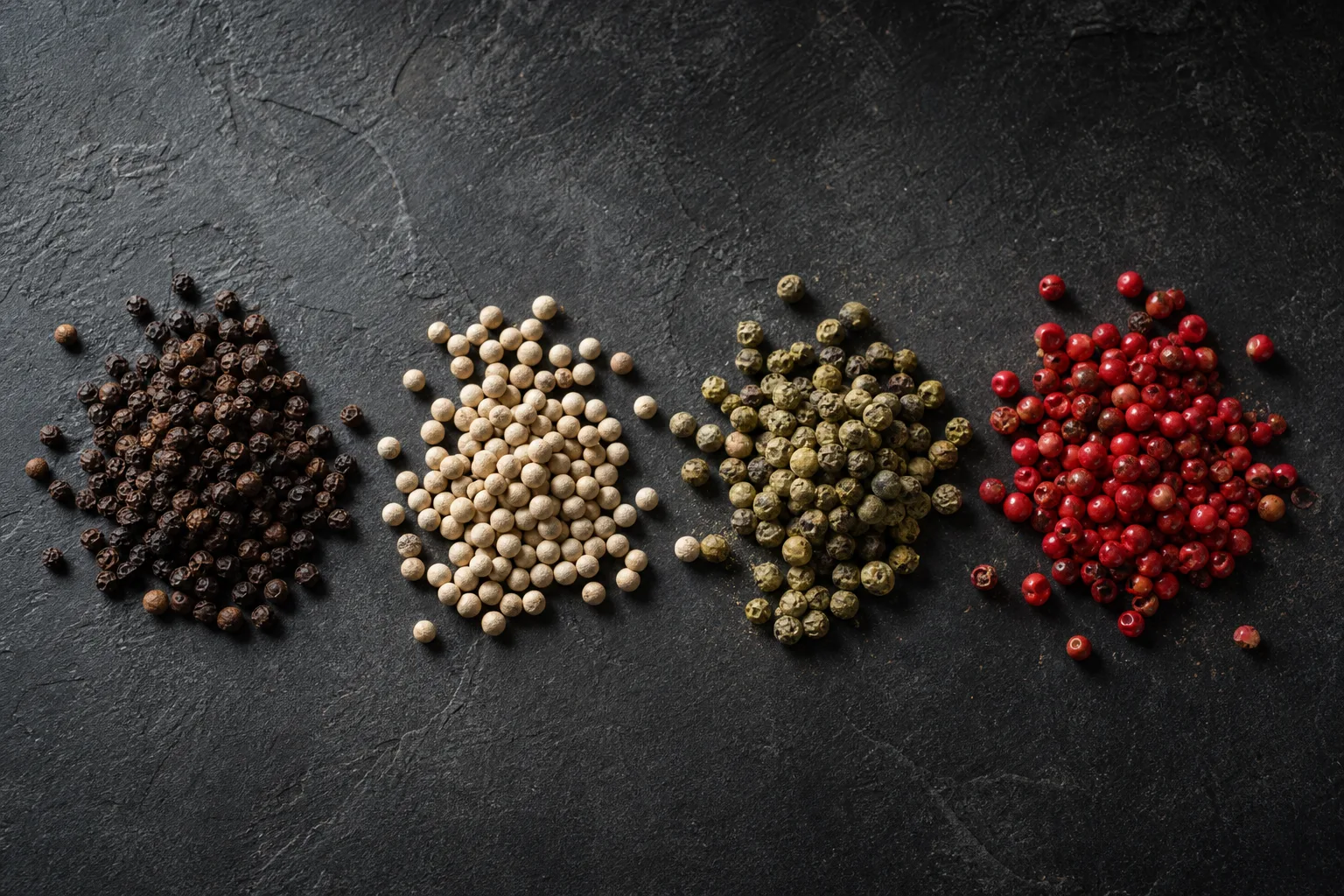Four small piles of black, white, green, and pink peppercorns side by side on dark slate