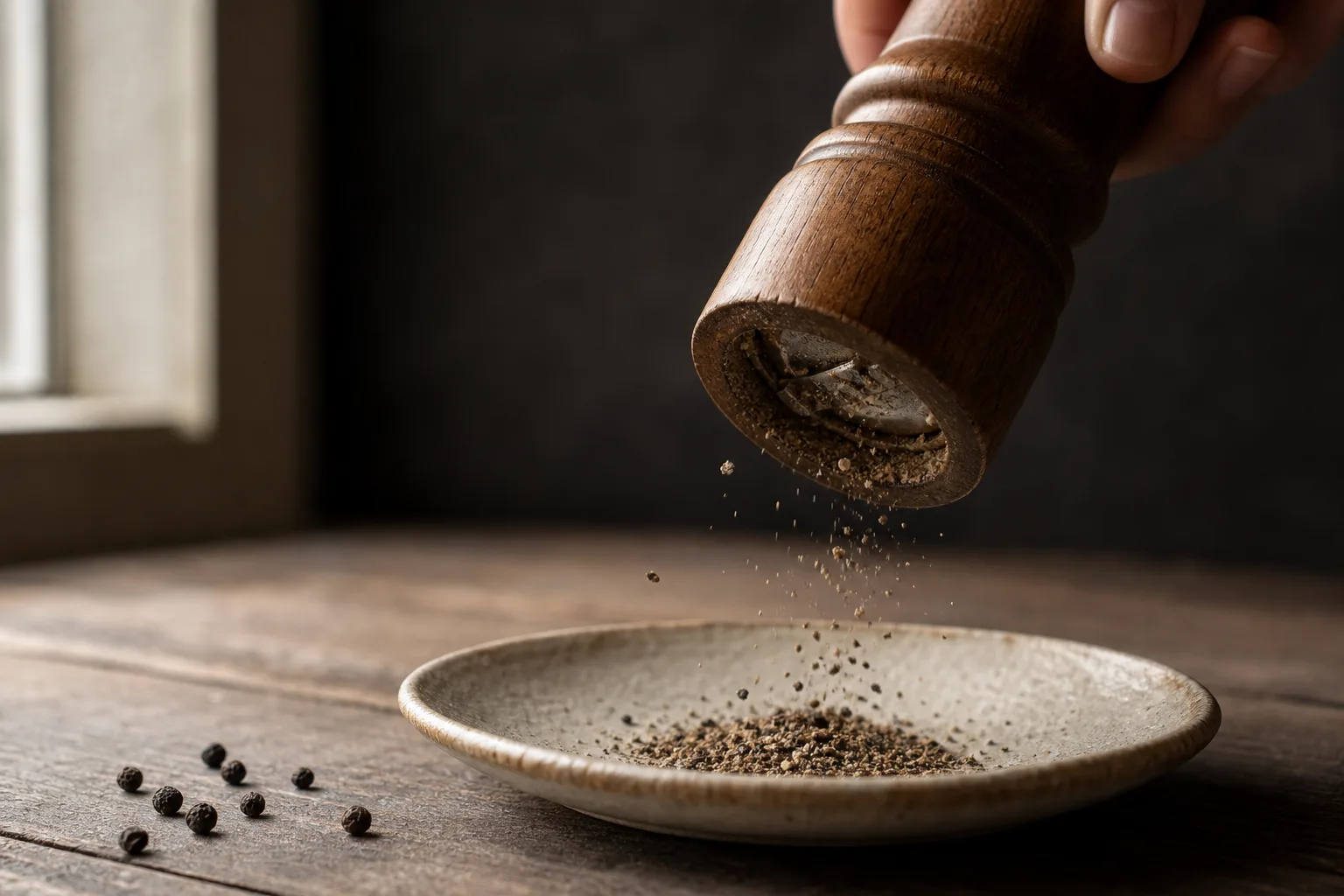 Whole black peppercorns and a wooden pepper mill grinding fresh coarse pepper onto a plate