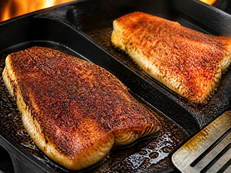 Even dark crust on a dry seasoned fish fillet beside a patchy steamed fillet in cast iron - Cajun blackened crust | KnowTheSpices