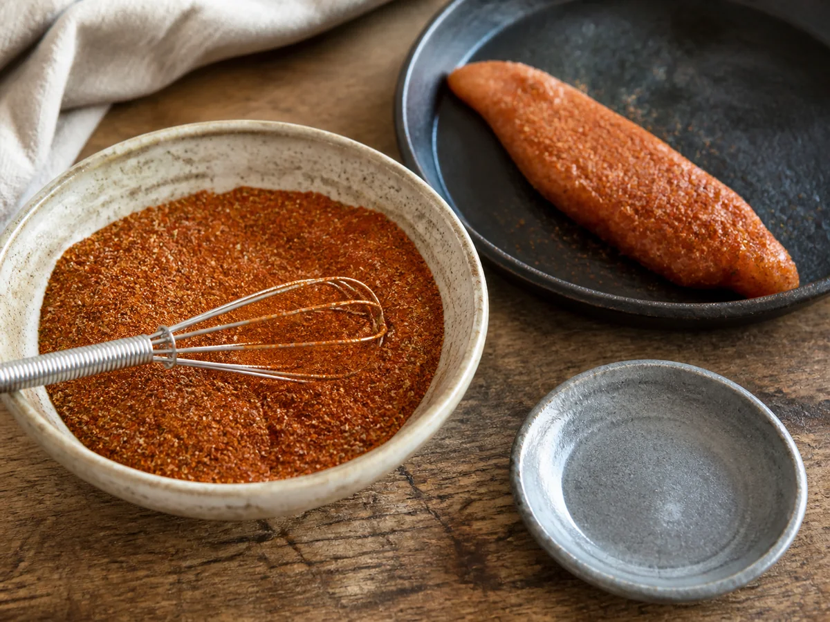 Salt-free paprika and cayenne blend beside one lightly coated chicken test strip - cajun seasoning substitutes | KnowTheSpices