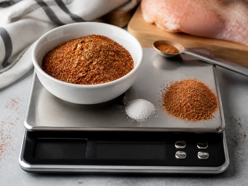 Equal spoons of salt-forward seasoning and salt-free Cajun spice blend on a gram scale - Cajun seasoning salt ratio | KnowTheSpices