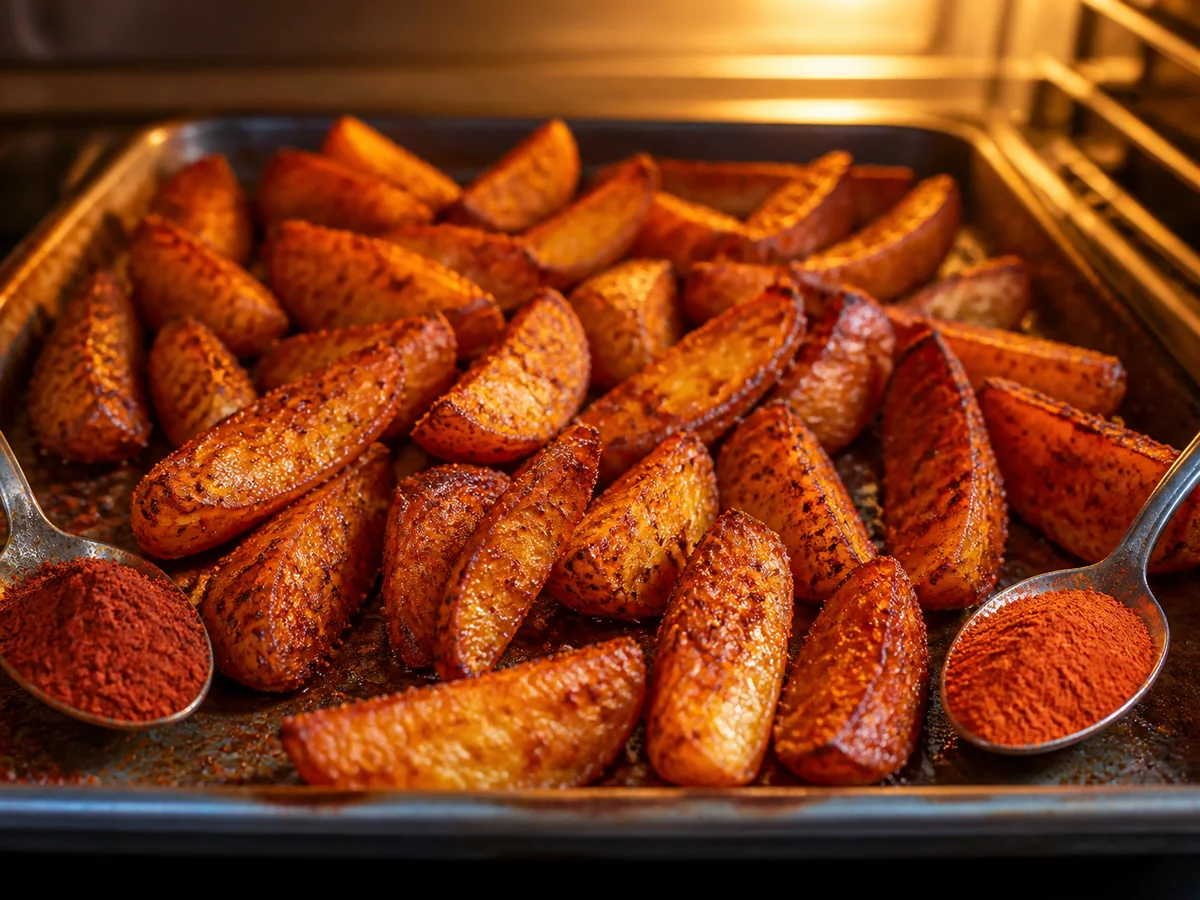 Smoky roasted potato wedges between dark smoked and bright sweet paprika - cajun seasoning substitutes | KnowTheSpices