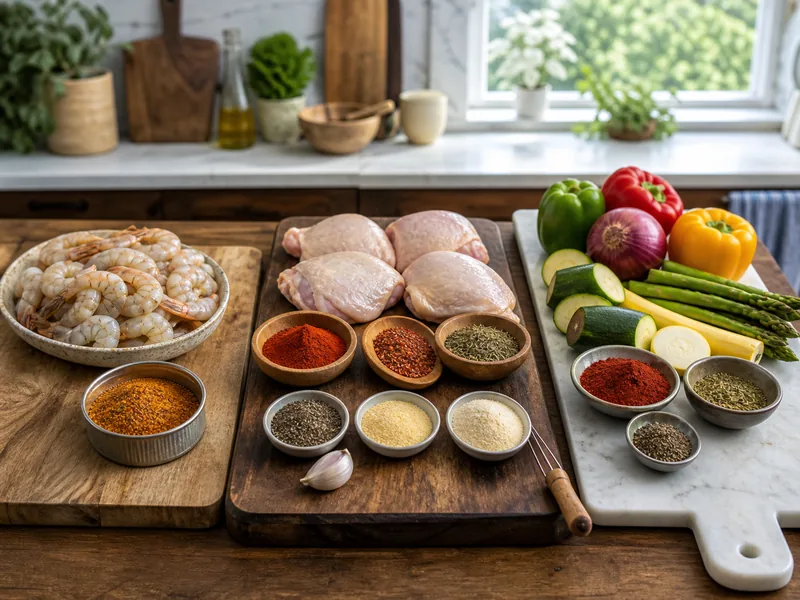 Old Bay seafood seasoning, paprika-cayenne herb blend, and smoky seasoning on three food prep stations - Cajun seasoning substitutes | KnowTheSpices