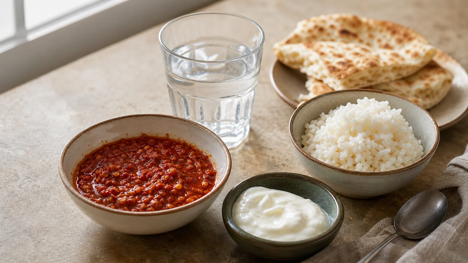 Spicy red chile sauce beside water yogurt rice and bread showing better capsaicin rescue choices