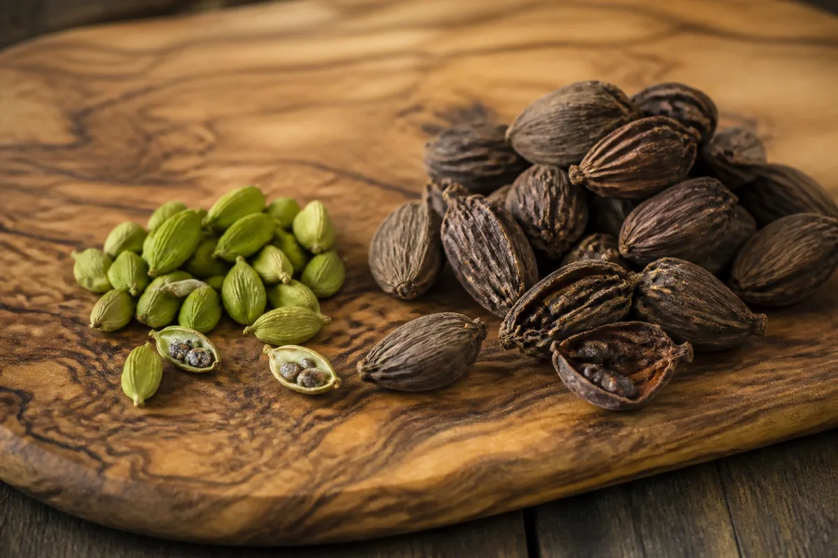 Small ribbed green cardamom pods beside much larger dark brown black cardamom pods, two split open to show the seeds