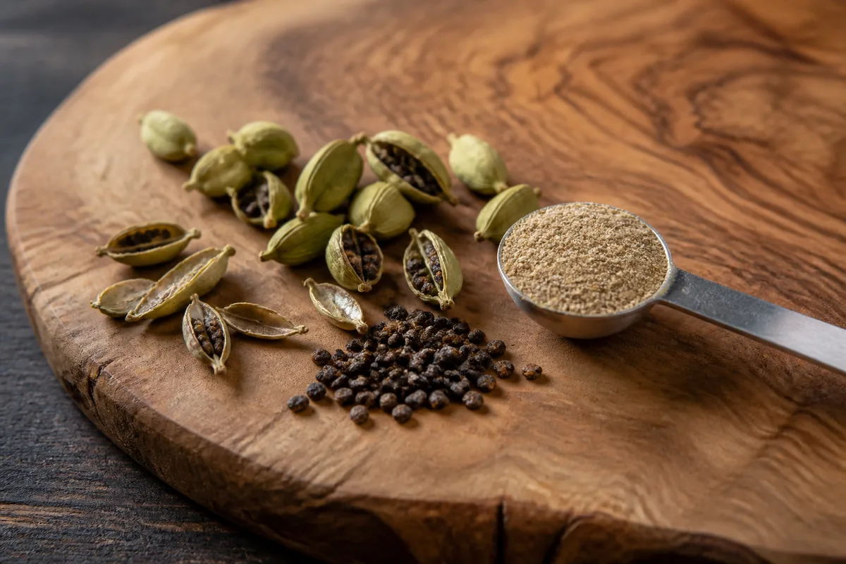 Green cardamom pods split open beside a heap of loose black seeds and a level measuring spoon of ground cardamom