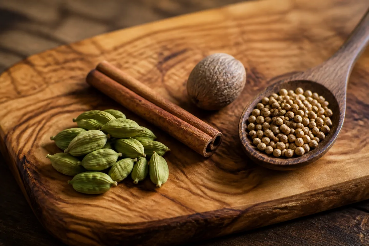 Green cardamom pods beside a cinnamon stick, a whole nutmeg, and a wooden spoon of coriander seeds