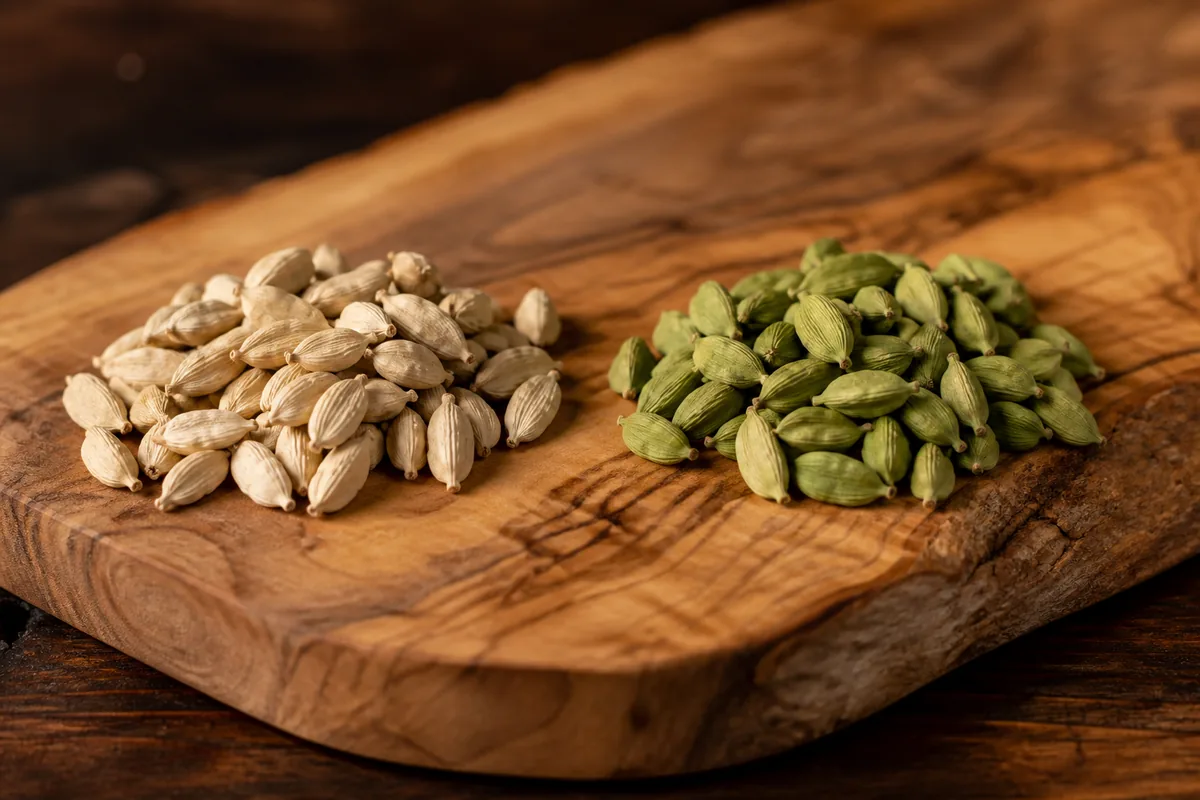 A pile of pale cream bleached white cardamom pods beside a pile of bright green cardamom pods on a wooden board