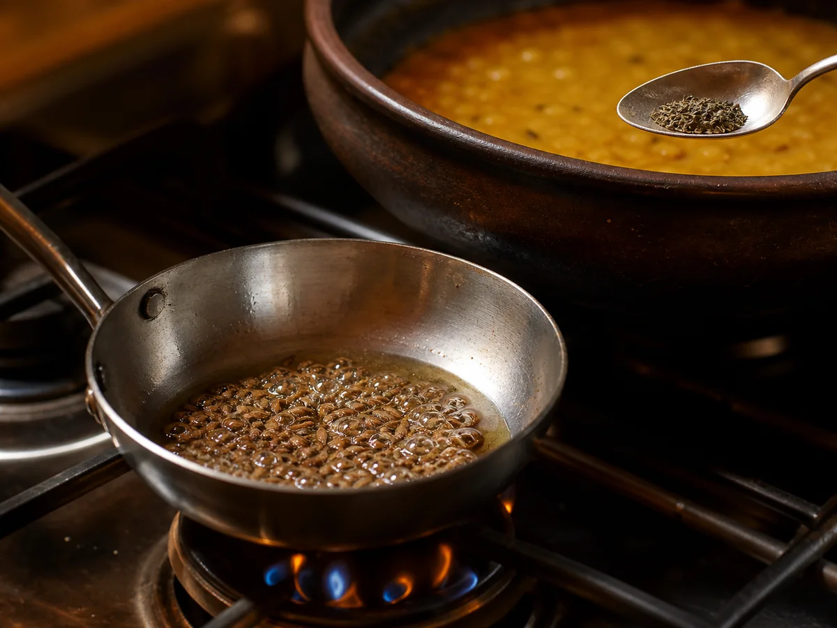 Cumin seeds crackling in hot fat with thyme held over the lentil pot - carom seed substitutes | KnowTheSpices