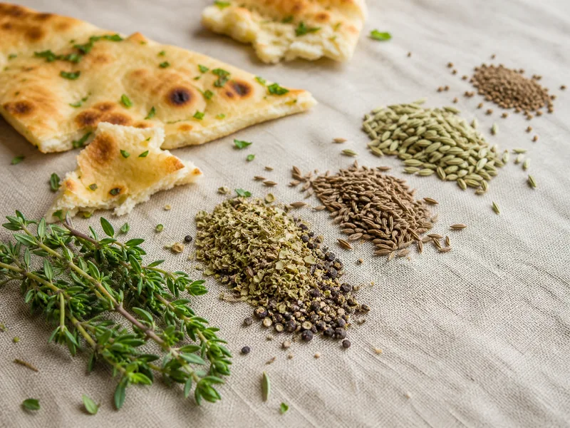 Dried thyme, oregano and black pepper, cumin, fennel, and nigella on a brass thali - carom seed substitutes | KnowTheSpices