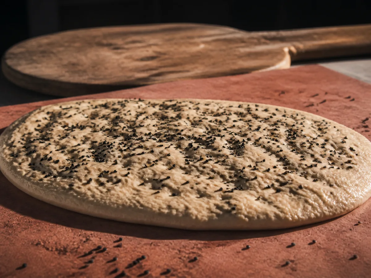 Angular black nigella seeds pressed into damp unbaked flatbread - carom seed substitutes | KnowTheSpices