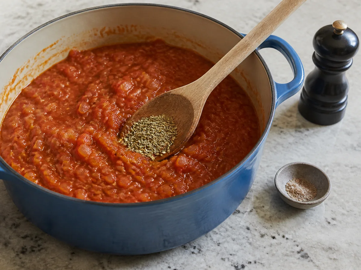 Dried oregano entering tomato curry with black pepper kept for final tasting - carom seed substitutes | KnowTheSpices