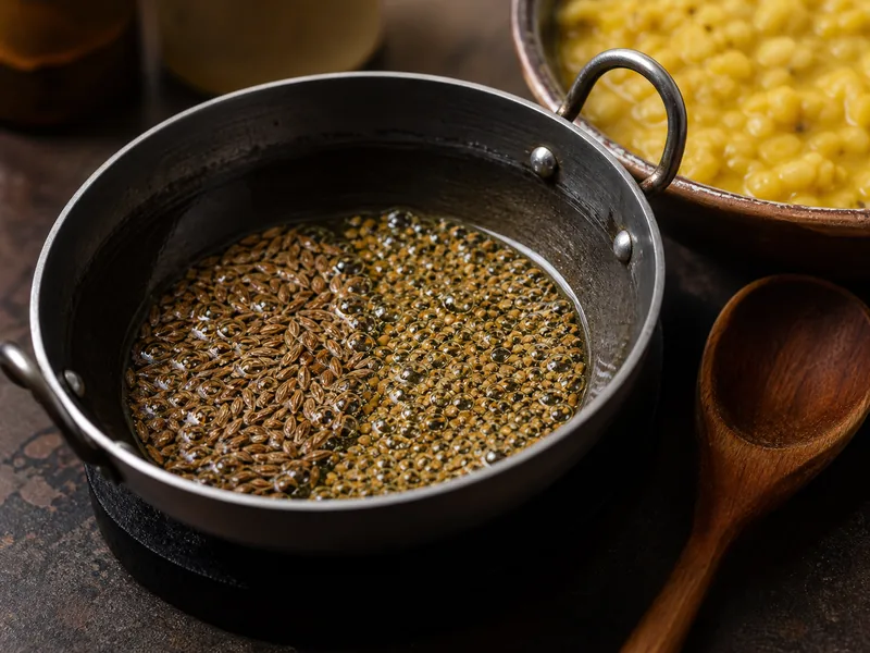 Cumin and nigella sizzling in a tadka pan beside quickly darkening dried thyme - carom seed tempering substitutes | KnowTheSpices