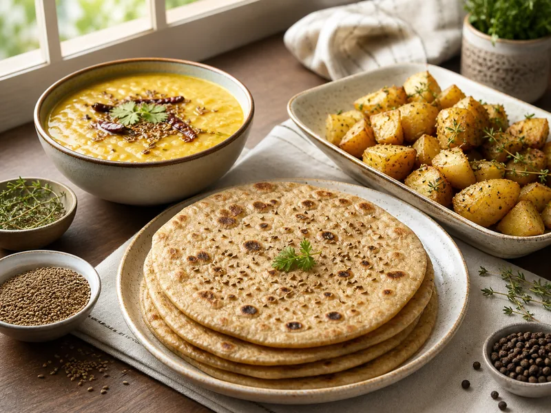 Seeded flatbread, chickpea pot, and fried savory batter showing carom substitute cooking methods - ajwain substitutes | KnowTheSpices