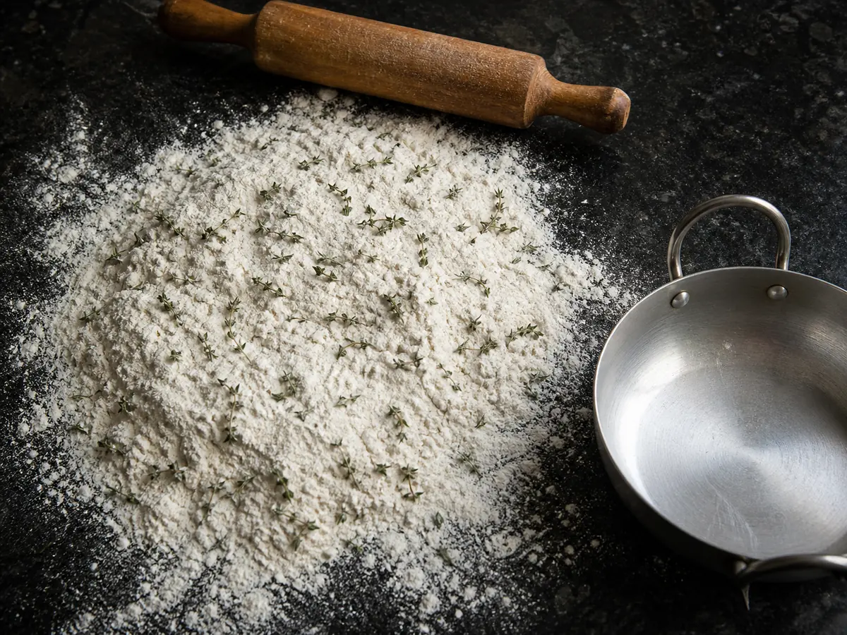 Fine dried thyme dispersed through flatbread flour beside an empty tadka pan - carom seed substitutes | KnowTheSpices