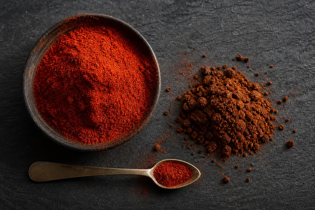Vivid brick red cayenne beside dull brown clumped powder - cayenne freshness | KnowTheSpices
