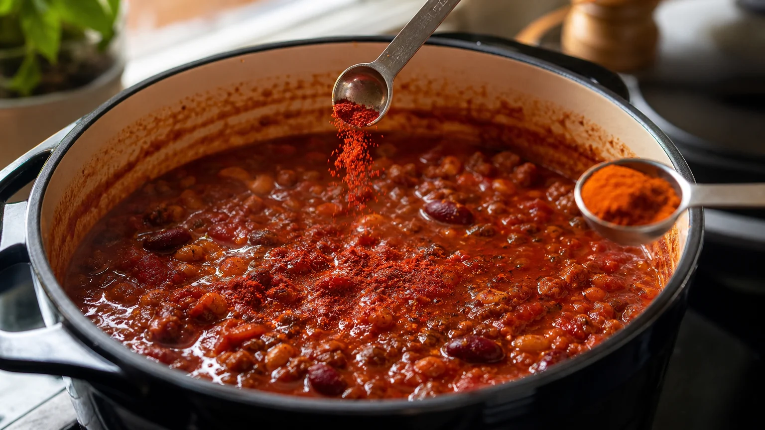 A small spoon of cayenne powder falling into a pot of tomato chili with another red spice spoon nearby