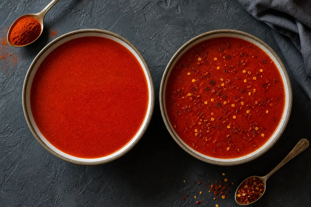 Fine cayenne dispersed through tomato broth beside visible chile flakes on another bowl - cayenne powder dispersion | KnowTheSpices