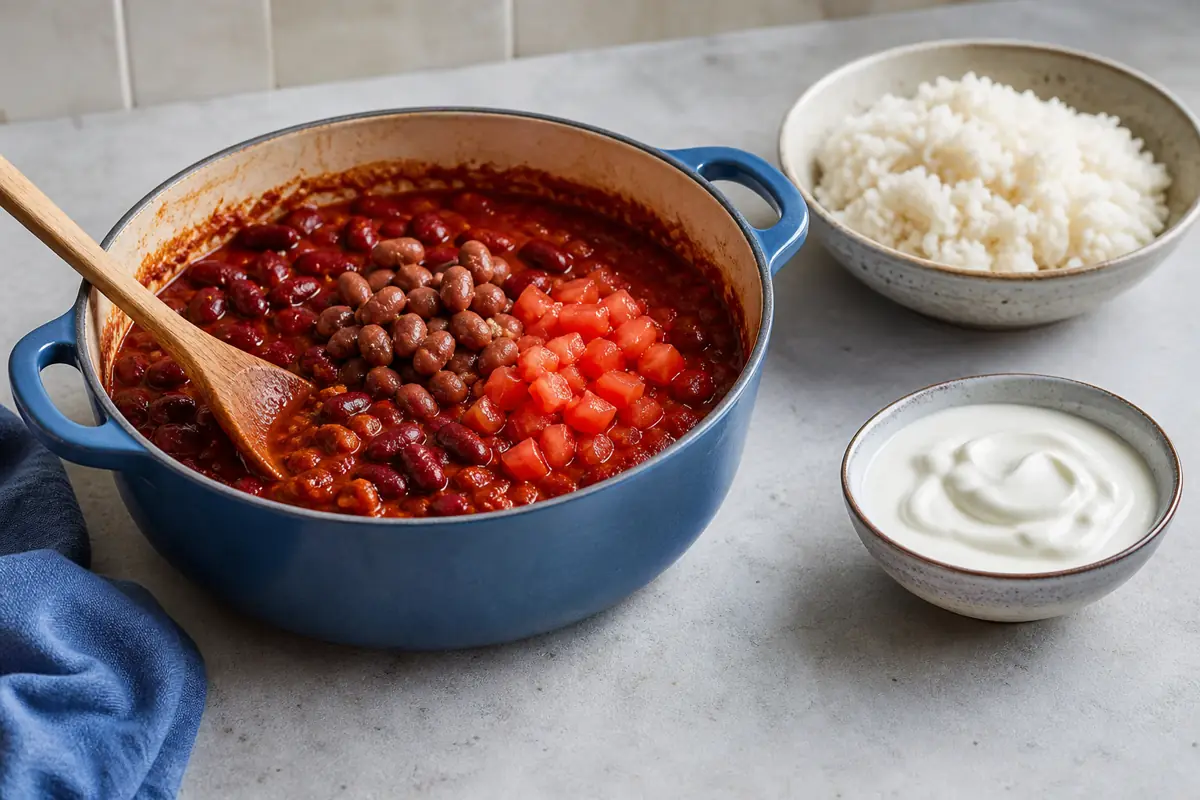 Overly hot bean chili divided with more beans and tomato beside plain yogurt - fixing too much cayenne | KnowTheSpices