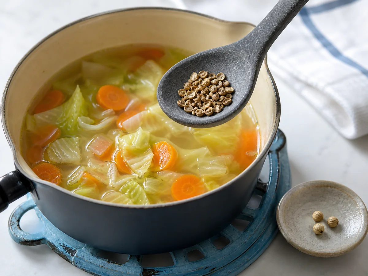 Cracked coriander seeds held above a clear carrot and cabbage soup - coriander as a celery seed substitute | KnowTheSpices