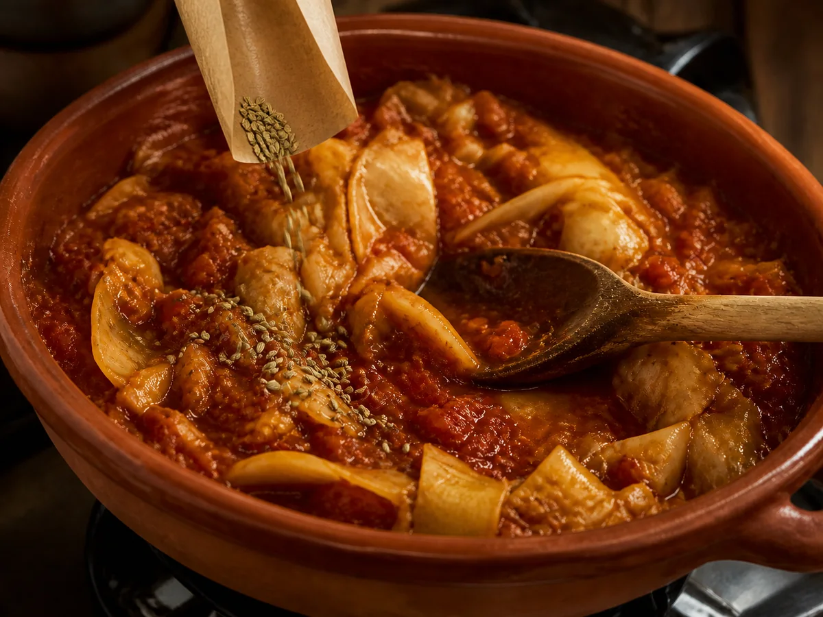 Crushed fennel seeds entering tomato-braised cabbage - fennel as a celery seed substitute | KnowTheSpices