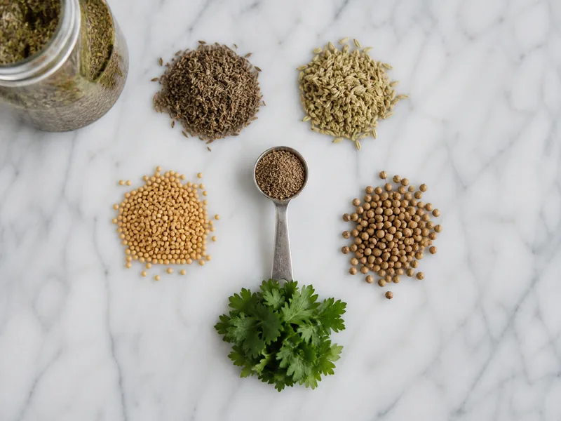 Dill, fennel, mustard, coriander, and parsley arranged around celery seed - celery seed substitutes | KnowTheSpices