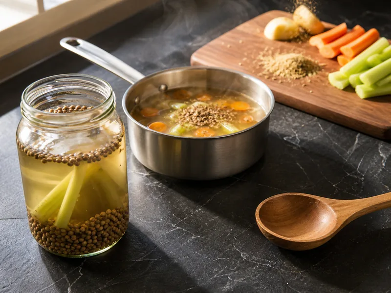 Pickle jar, soup pot, and dry rub at their seasoning stages - celery seed substitutes | KnowTheSpices