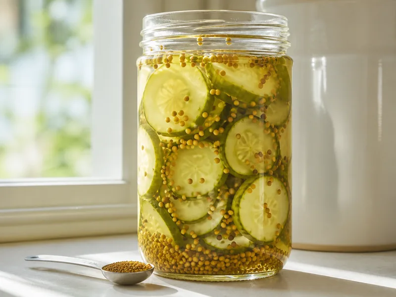 Yellow and brown mustard seeds suspended in cucumber pickle brine - celery-seed-substitutes | KnowTheSpices