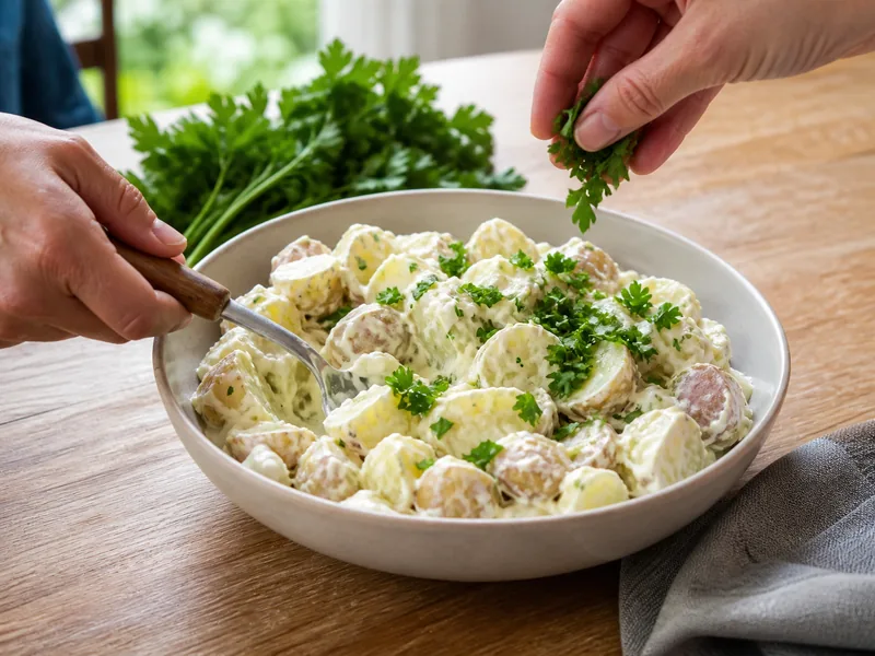 Fresh parsley folded into creamy potato salad before serving - celery-seed-substitutes | KnowTheSpices