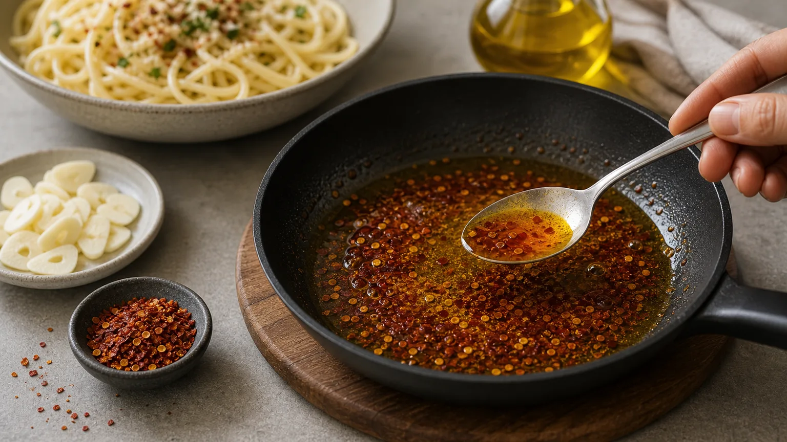 Chili flakes blooming in olive oil with garlic slices waiting, pale spoon, and pasta in the background