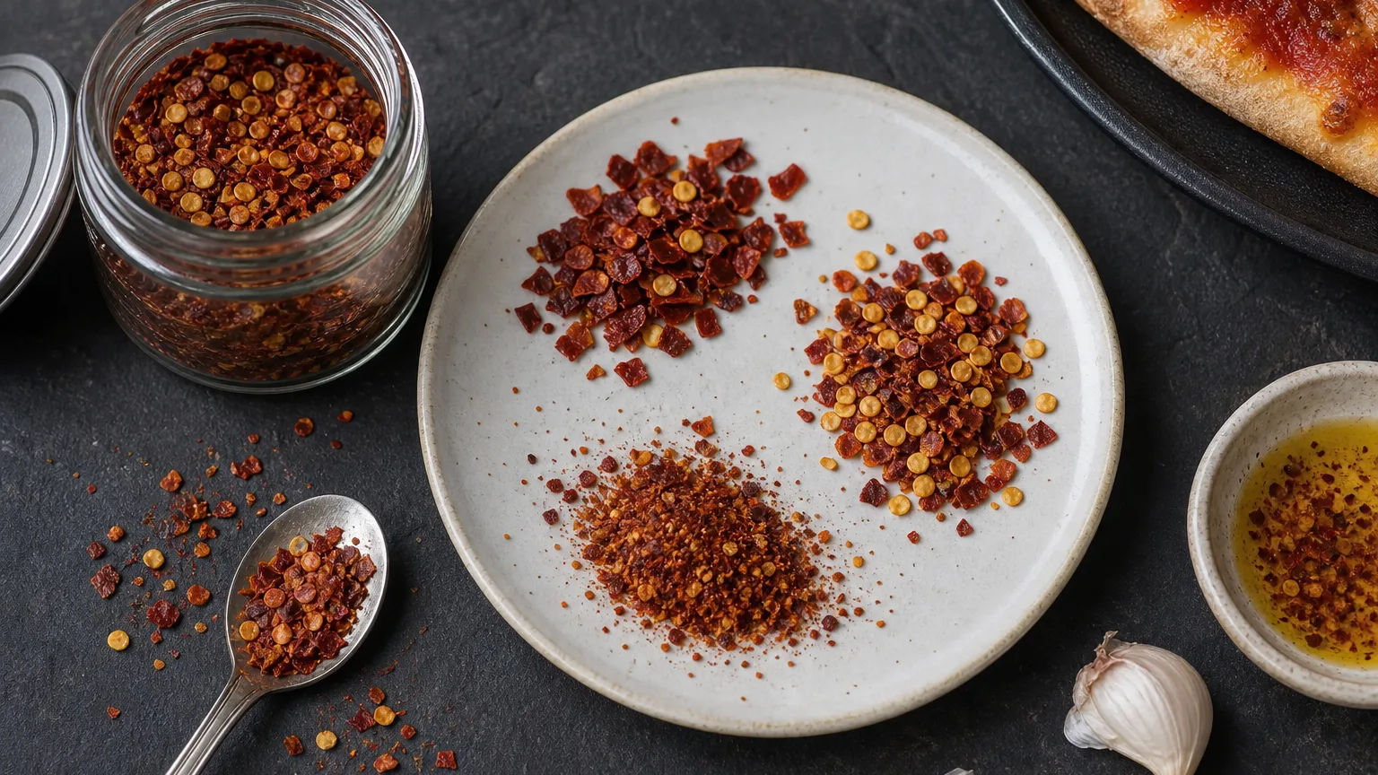 Chili flakes separated into large flakes, seed-heavy flakes, and fine dust beside a jar and garlic oil