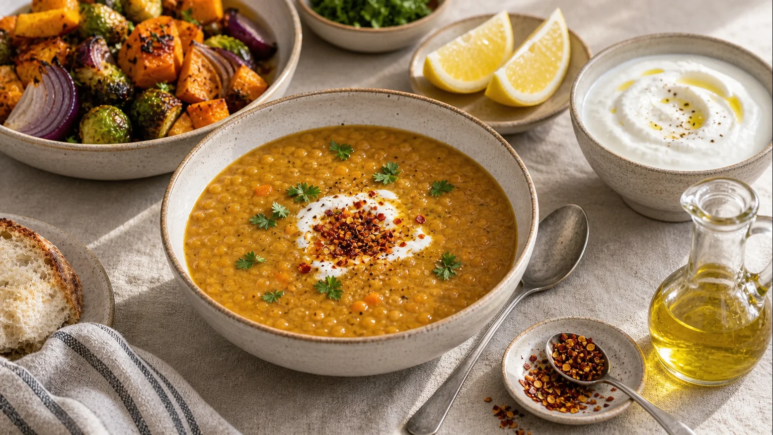 Chili flakes beside soup, eggs, roasted vegetables, yogurt, lemon, oil, and small serving spoons
