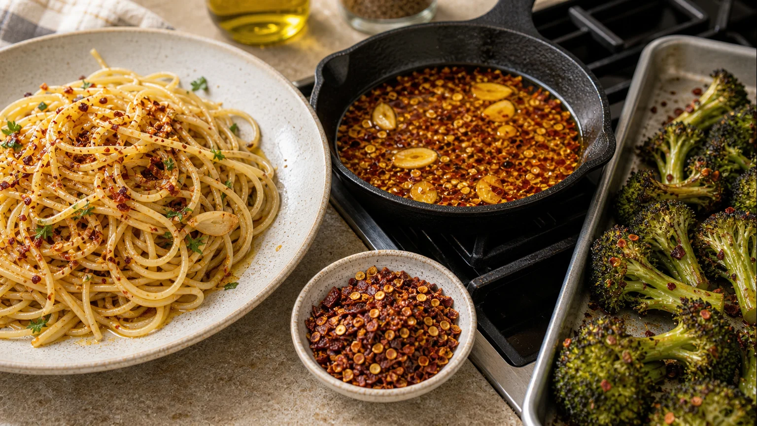 Chili flakes beside pizza, pasta oil, roasted broccoli, garlic oil, and visible seed dust