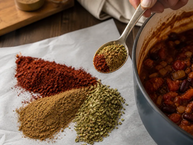 Measured ancho chile, cumin, and oregano combined beside bean chili - chili-powder-substitutes | KnowTheSpices