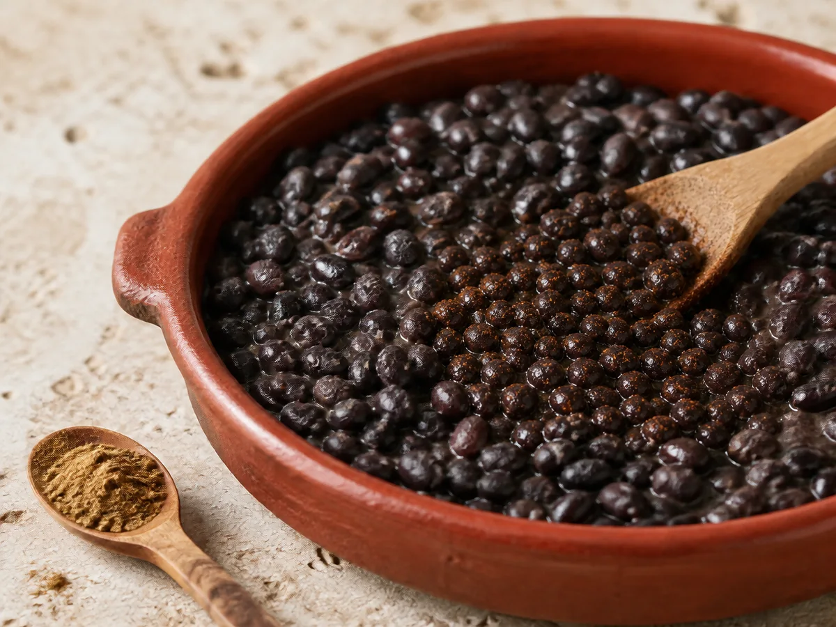 Chipotle powder stirred into half a bowl of black beans with cumin held separately - chipotle as a chili powder substitute | KnowTheSpices