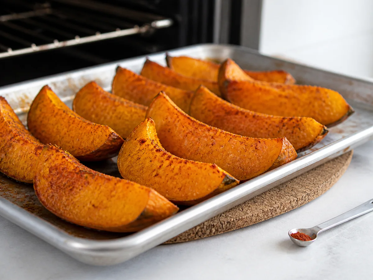 Roasted squash coated with paprika and cumin beside a tiny spoon of cayenne - homemade chili powder substitute | KnowTheSpices