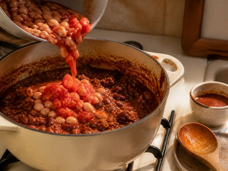 Unsalted beans and tomato being added to rebalance an overly hot chili pot - chili powder substitutes | KnowTheSpices
