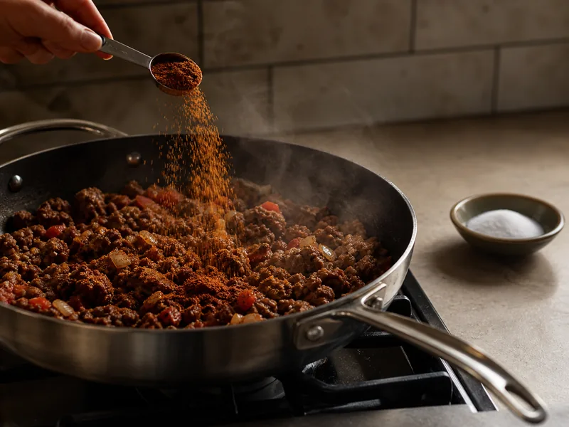 Taco seasoning added to skillet filling while extra salt waits aside - chili-powder-substitutes | KnowTheSpices